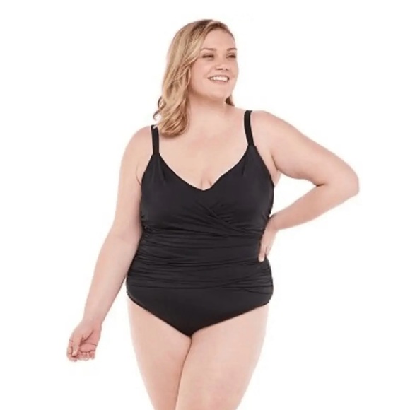 Women’s Plus Size EVRI Zoe Wrap Black One Piece Swimsuit - Picture 1 of 7